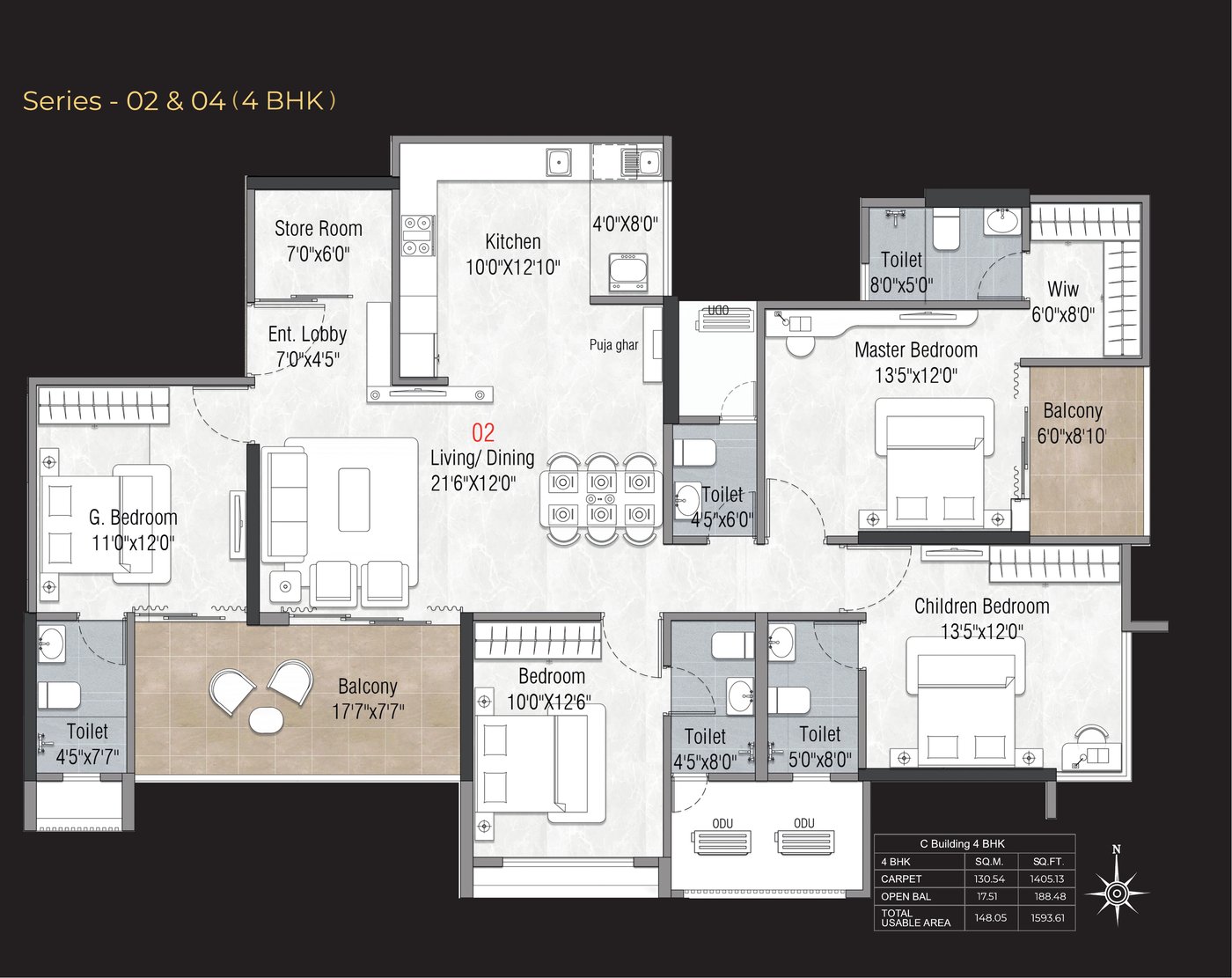 Legacy Kairos 4 BHK floor plan, 1593 sq.ft. carpet