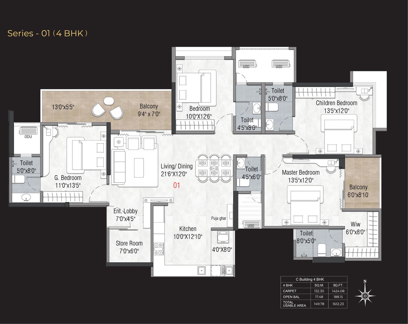 Legacy Kairos 4 BHK floor plan, 1612 sq.ft. carpet