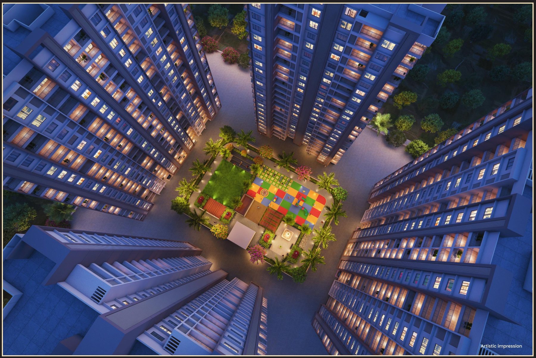 Legacy Kairos towers and courtyard at night, Pimple Saudagar NX